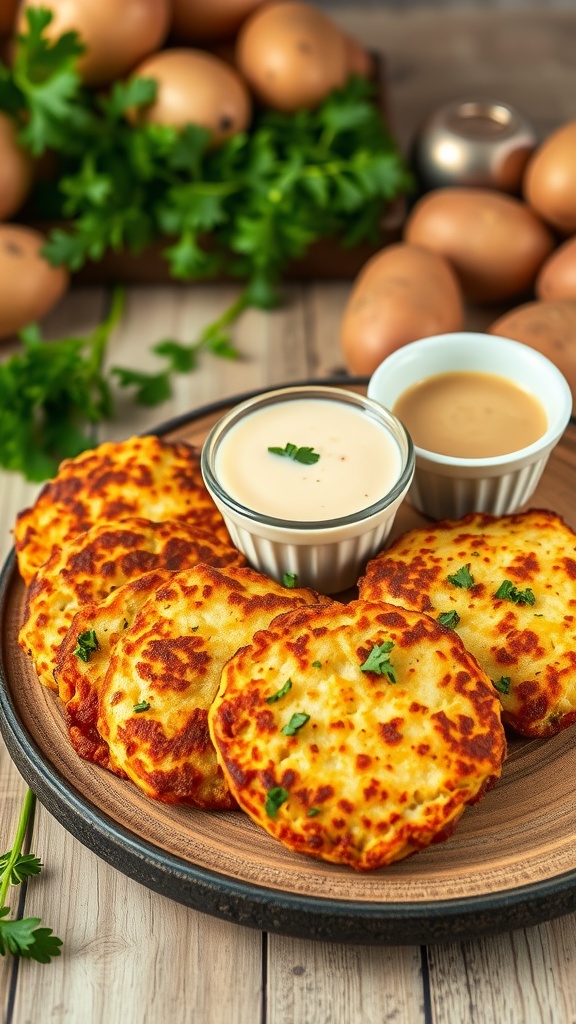Crispy potato cakes on a rustic plate with herbs and dipping sauce.